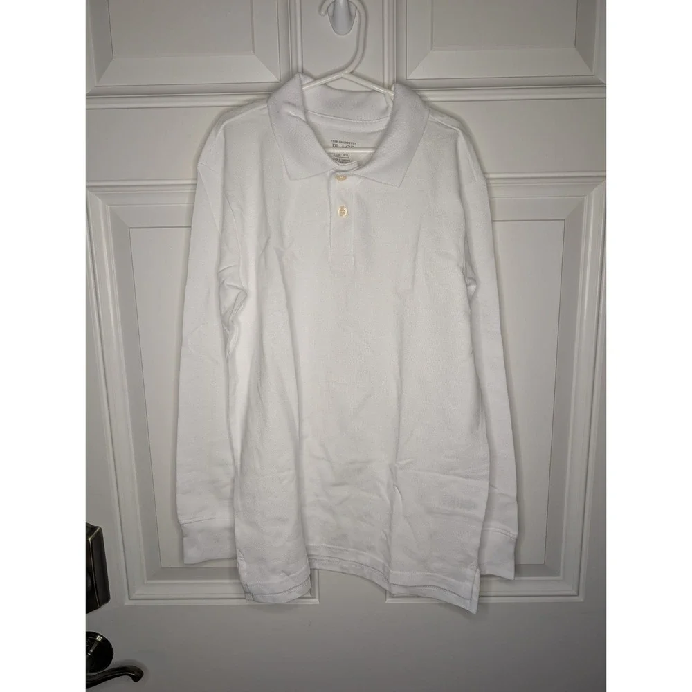 The Children's Place Boys Size Large 10-12 White Long Sleeve Uniform Pique Polo